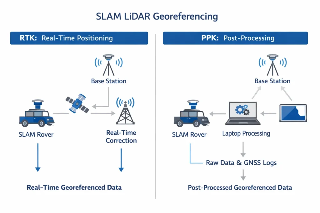 Minh họa quy trình RTK và PPK để gán tọa độ cho dữ liệu SLAM LiDAR
